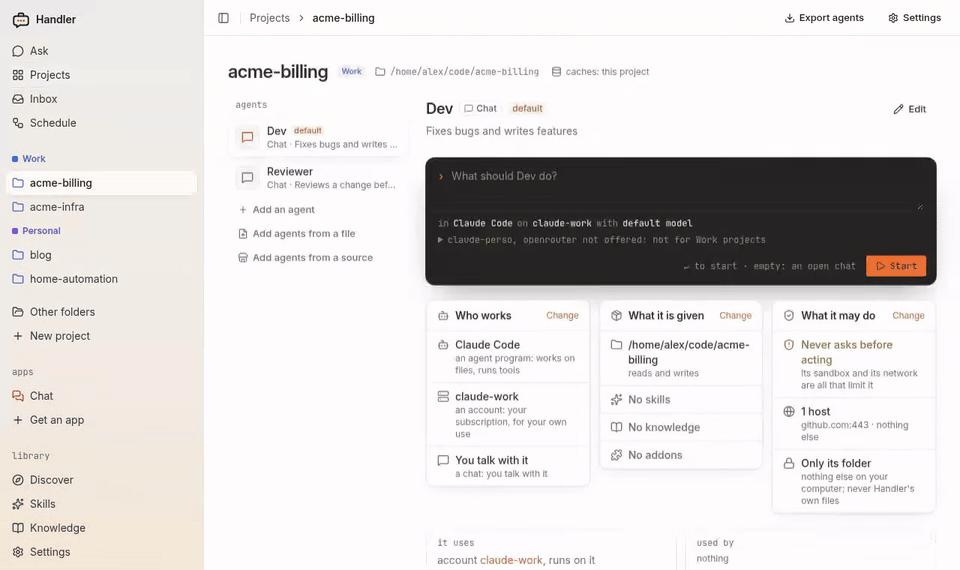 Starting a session in the Handler web UI: the agent reaches a blocked host, which is then allowed in one click